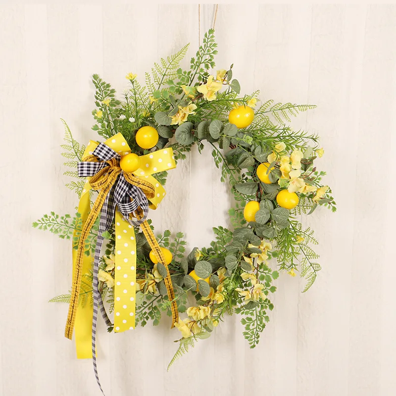 20'' Artificial Lemon Wreath for Front Door Fake Summer Wreath with Ribbow Bow for Wedding Party Holiday Indoor Outdoor Decor