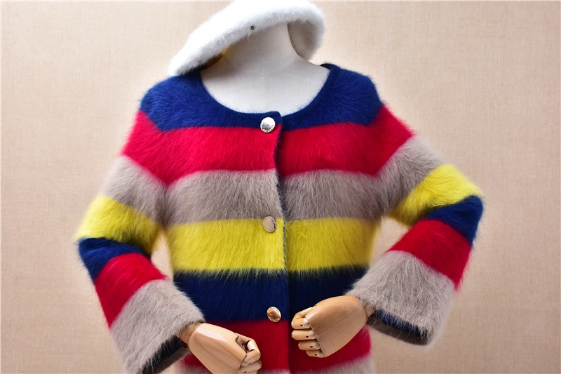Ladies Women Autumn Winter Thick Warm Striped Hairy Mink Cashmere Knitted Three Quarter Sleeves Slim Cardigans Angora Sweater