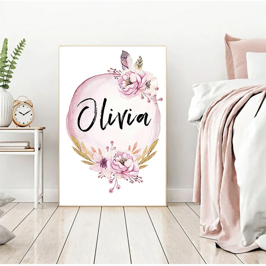 Art Nursery Prints Wall Painting Kids Bedroom Decor Custom Girl Name Baby Poster Peony Pictures Flowers Canvas Painting Wall