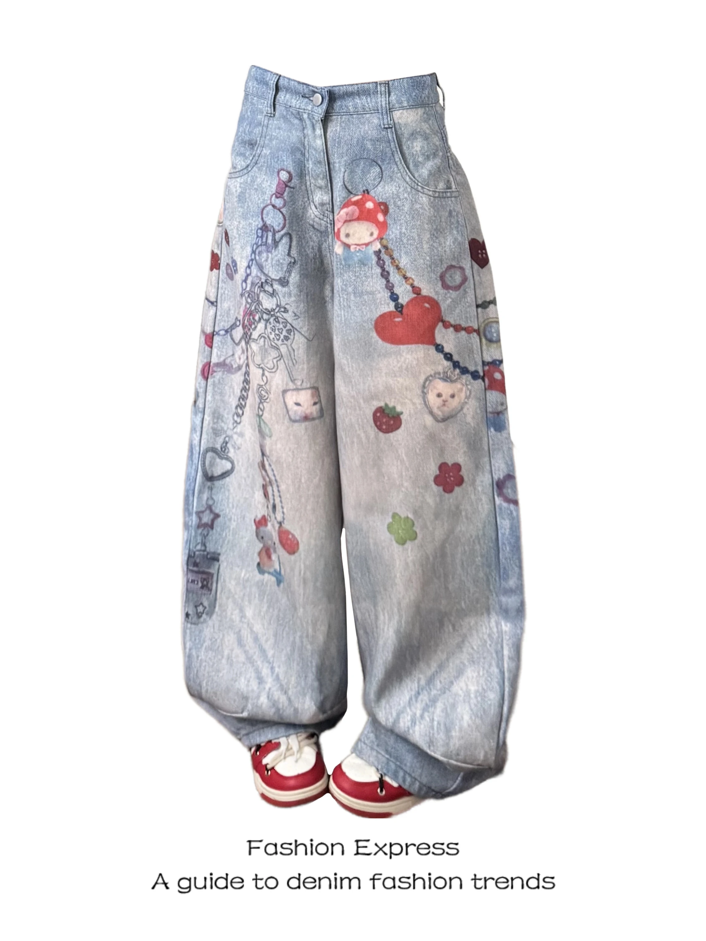 

Loose Wide Leg High Waist Denim Jeans Women's Cartoon 3D Print Anti-Aging Knife Casual Trousers Summer New Style