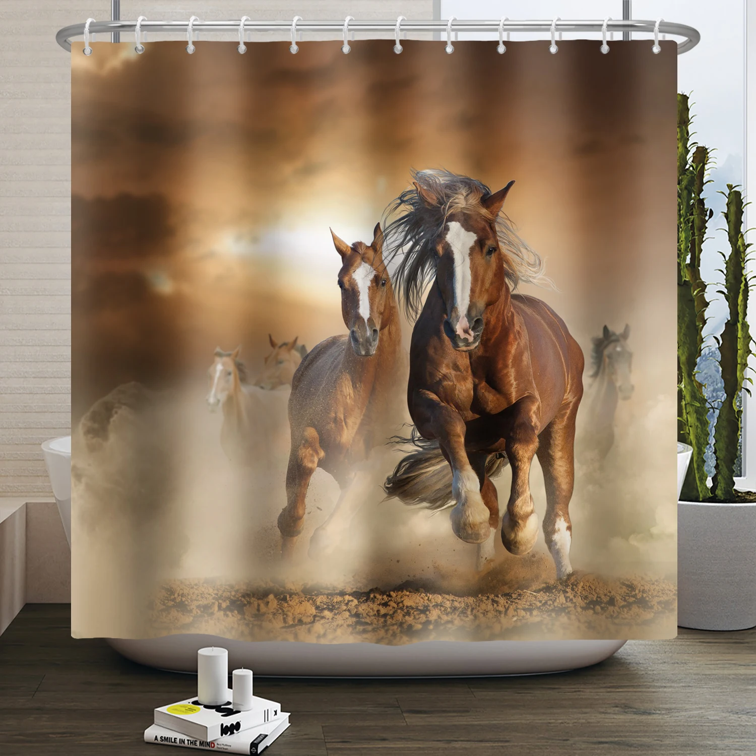 

Running Horse Shower Curtain Strong Animal Bathroom Polyester Fabric Home Bath Decor Accessories Hanging Curtains Set with Hook