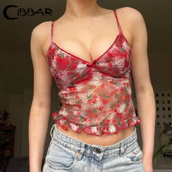 CIBBAR Vintage y2k Mesh Crop Top Women Summer Floral Print Sleeveless Patchwork Spaghetti Strap Tops Ladies Sexy Aesthetic Tees