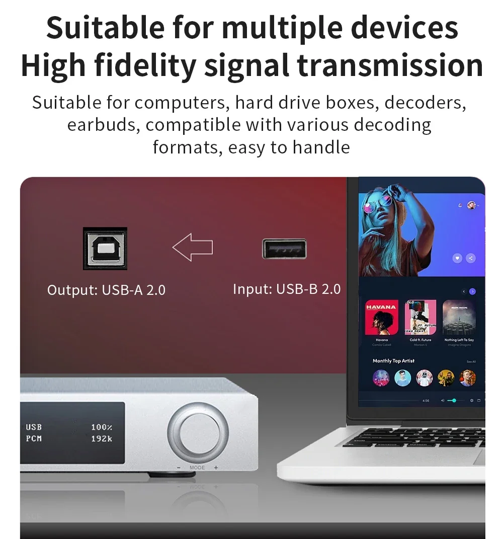 كابل USB TODN Hifi عالي الجودة 6N مطلي بالفضة من النوع A إلى B HiFi كابل مشغل DAC الصوتي سلك بيانات الطابعة كابل USB A-B