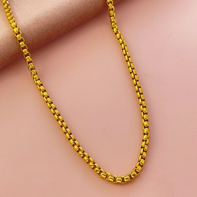 Luxury 24K Gold 4MM Round Box Chain Necklace, Adjustable Length 18-24 Inches, Suitable For Both Men And Women As Jewelry