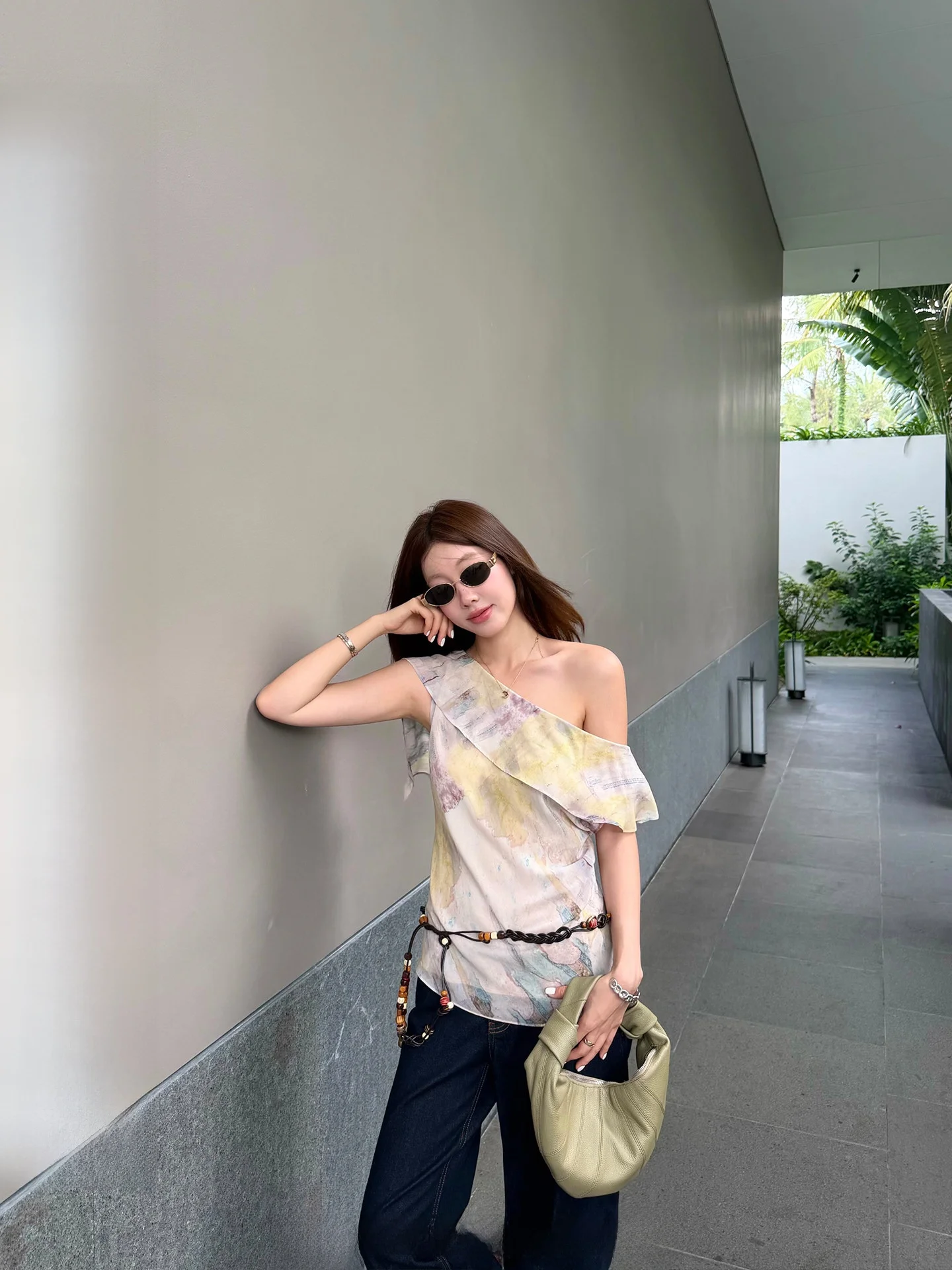 

Ranwear Gabrielle Vintage Print Asymmetrical Sash Drapey Fitting Top Women's Commute Style Polyester Fiber Short Sleeve Shirt