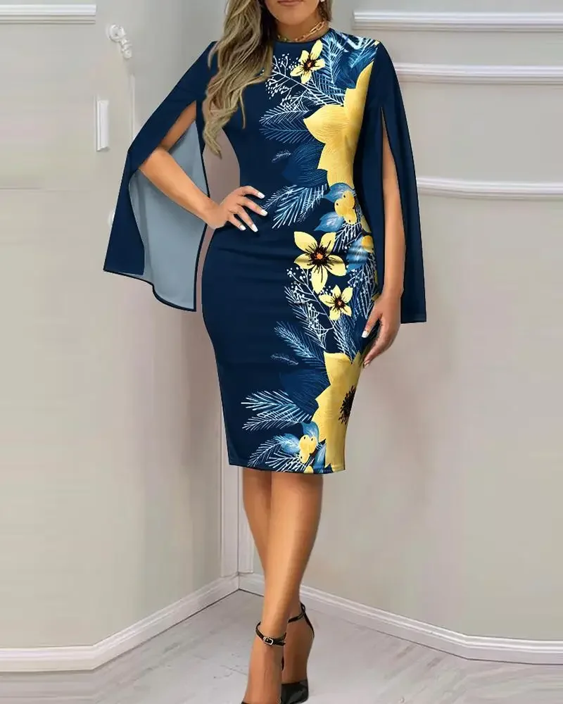 Damenkleid mit V-Ausschnitt, ausgestellten Ärmeln und geometrischem Golddruck, figurbetontes Midikleid, elegantes, schmales Outfit für Teepartys und formelle Anlässe – Detail 22