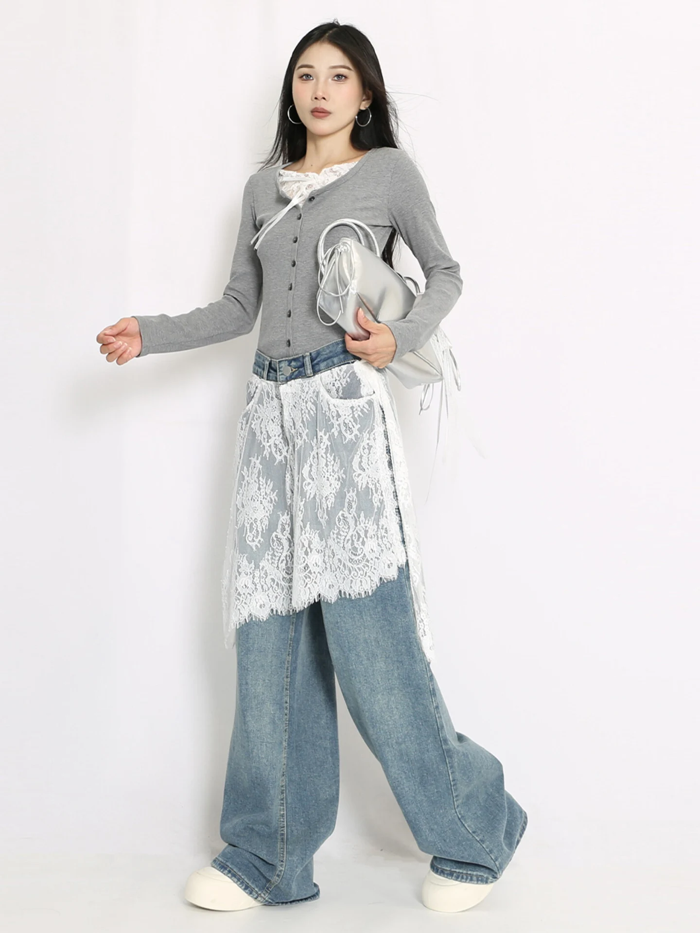 الخريف تصميم الدانتيل الربط واسعة الساق الجينز المرأة فضفاضة مستقيم قطع الجينز عارضة عالية الخصر سستة الأزرق الدنيم النسيج