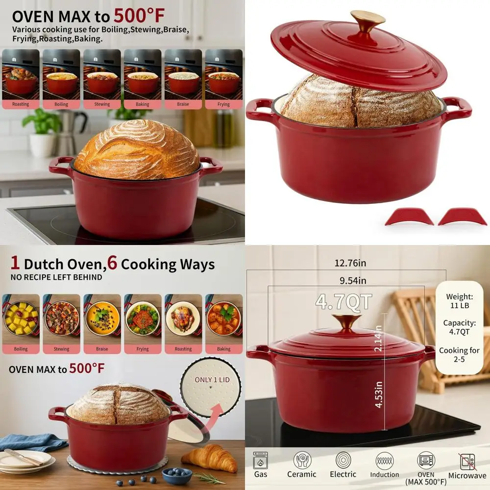 

Красная эмалированная голландская печь, 4,7 кварты, круглая кастрюля с крышкой, идеально подходит для запекания, тушения, жарки и приготовления пирогов, сверхпрочная, для духовки и индукции