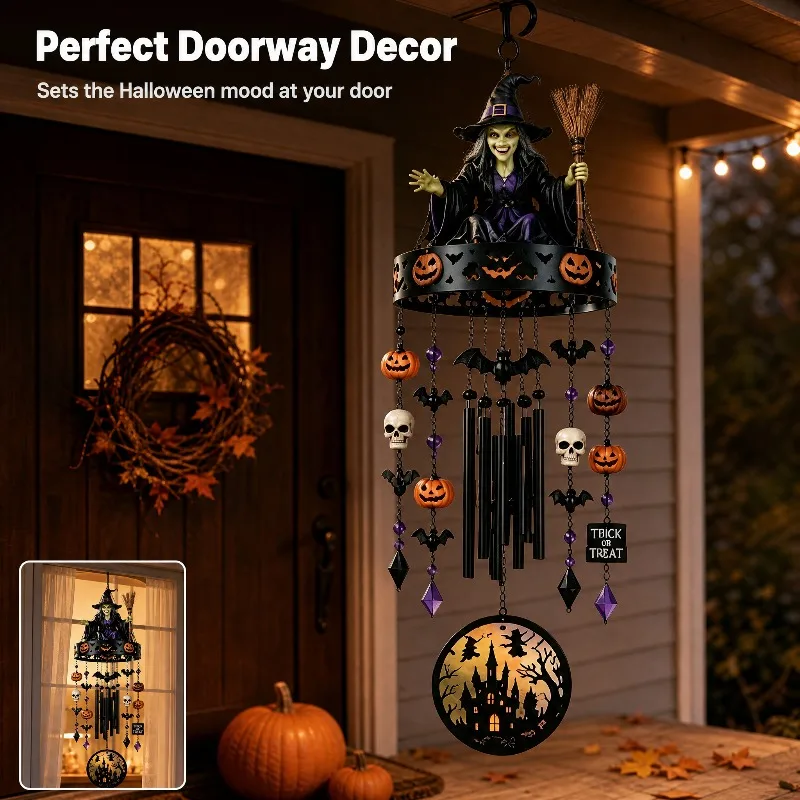 Halloween Wind Chime, Weather‑Proof Witch & Ghost Design Wind Chime, Witch‑Themed Outdoor Wall Decor