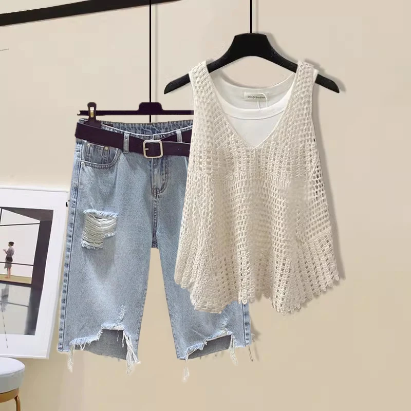 

Summer Travel Large Size Denim Hollow out Vest Shorts Three Piece Set Anti-Aging Trendy Fashion Women's Clothing Ensemble