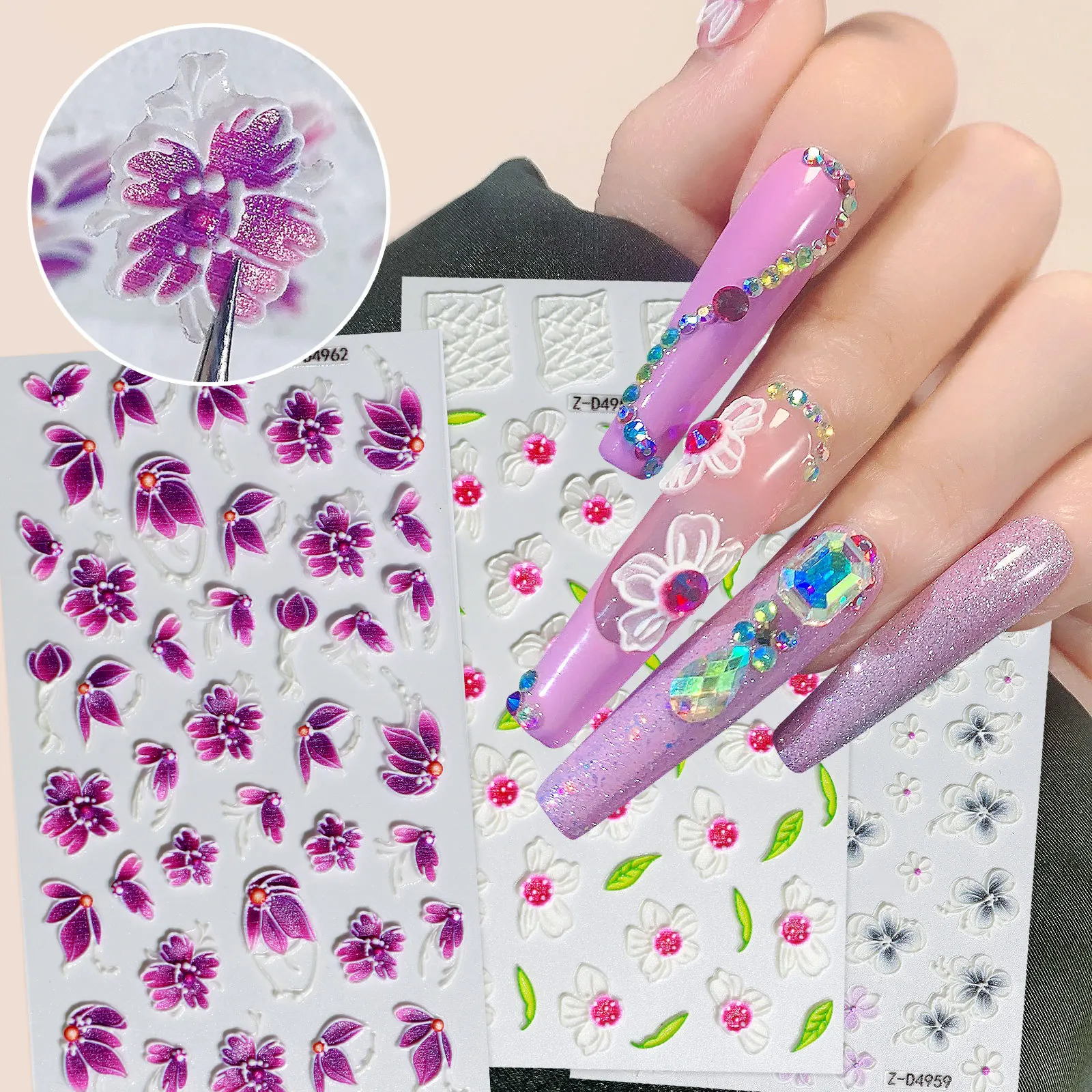 

5D Engraved Embossed Nail Sticker White Pink Flower Leaves Summer Acrylic Photorealis Nail Design French Manicure Decals Sliders