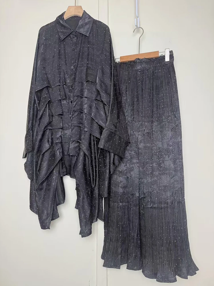 2022 lente dames retro geometrische print multi-level draping los onregelmatig shirt tweedelige set + wijde pijpen broek modeset