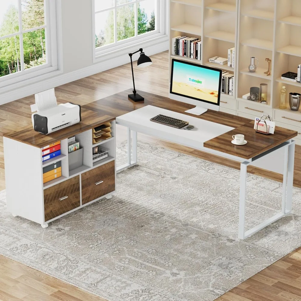 Bureau en forme de L avec égouts de proximité, bureau de bureau avec classeur, bureau exécutif pour ordinateur avec ensemble MELCabinet, chêne et blanc, 63 po