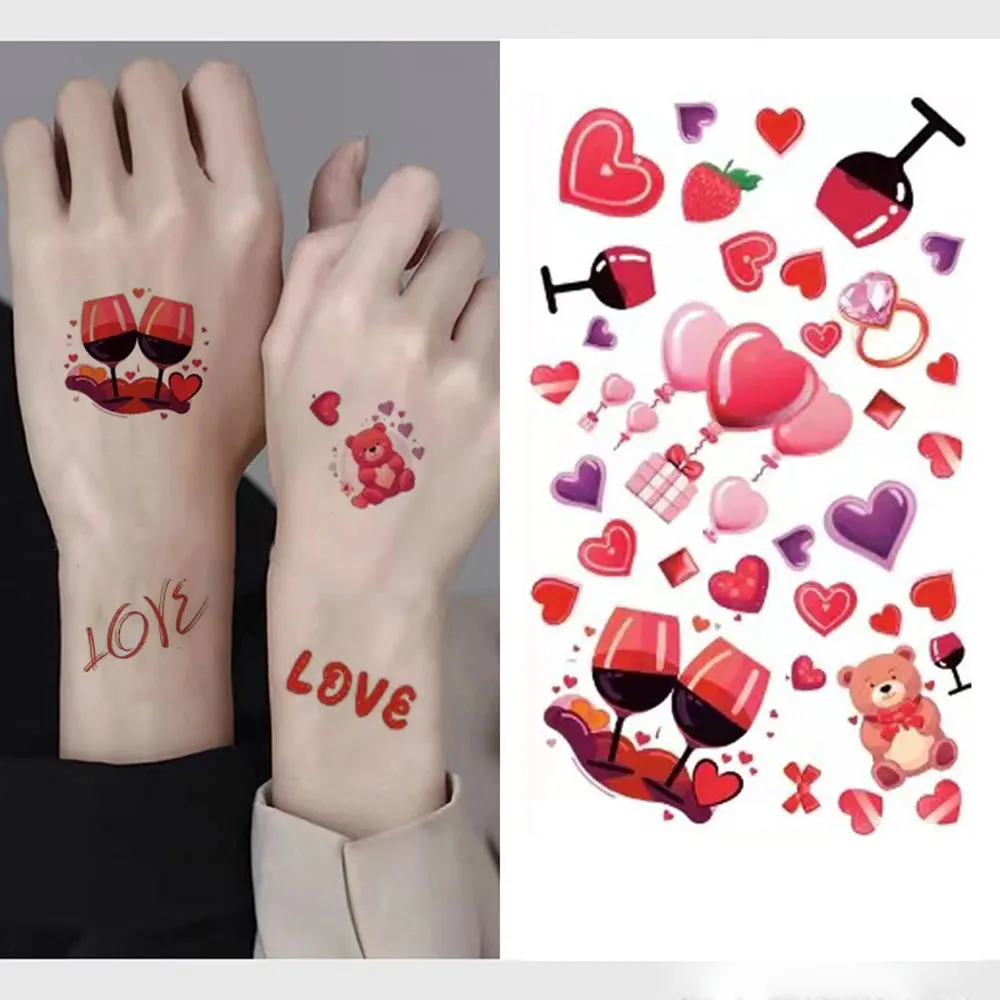 10 Uds. De tatuajes temporales con patrón de regalos de corazón rojo para el Día de San Valentín, pegatinas de tatuaje temporal, tatuaje falso, decoración de arte corporal para fiesta