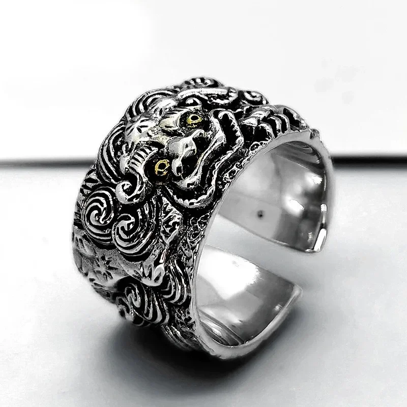 925 Thai silver domineering Embossed Pixiu mens rings trend wide size hip-hop style retro ring charms banquet fine jewelry
