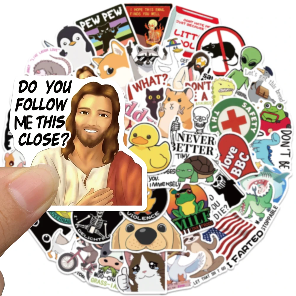 50 قطعة ملصقات مضحكة للبالغين ميمي ملصقات الزخرفية الأمتعة دفتر دراجة نارية التزلج يسوع الكتابة على الجدران Snarky الشارات #3
