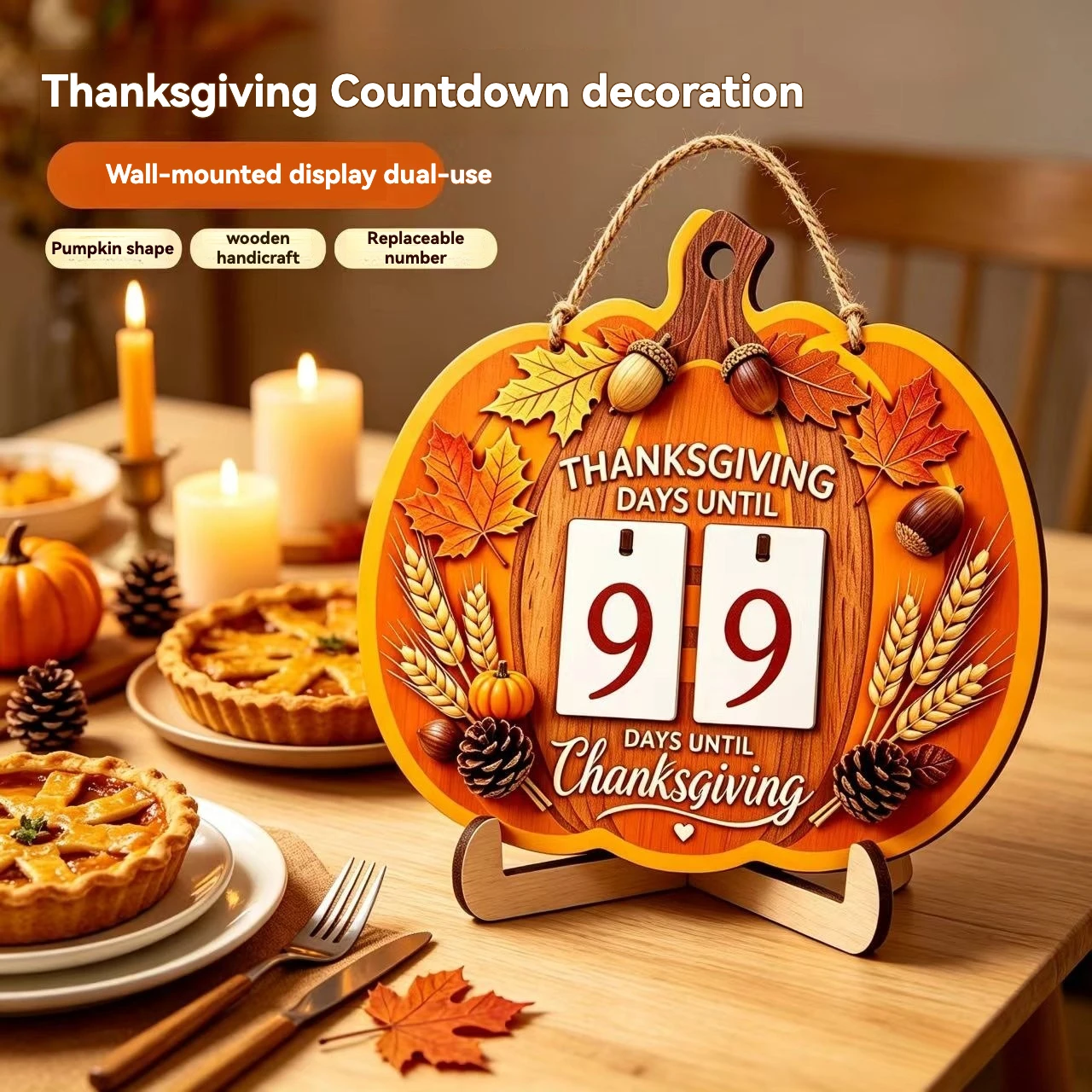 New Halloween Pumpkin Countdown Wooden Hanging Maple Leaf Oak Fruit Replacement Digital Desktop Stand Ornament