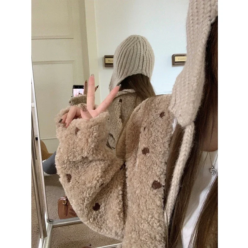 Lamb Wool Coat Lazy Warm Polka Dots Contrasting Color Fur Cardigan Design Sense Trendy American Retro Comfortable Beautiful