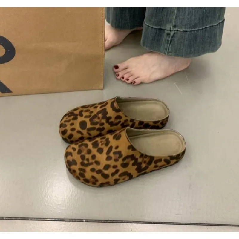New Classic Women\'s Leopard Closed Toe Cork Flats Slippers Ladies Leopard Cork Slippers Camo Mule Clogs Shoes  Zapatos De Mujer