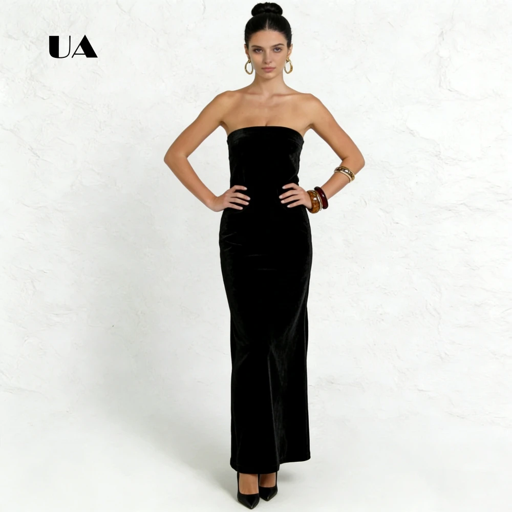 

ULBYANRY Strapless Velvet Prom Dress, Solid Sheath Lace-up Evening Dresses for Women, Elegant Sleeveless Customized Party Gown