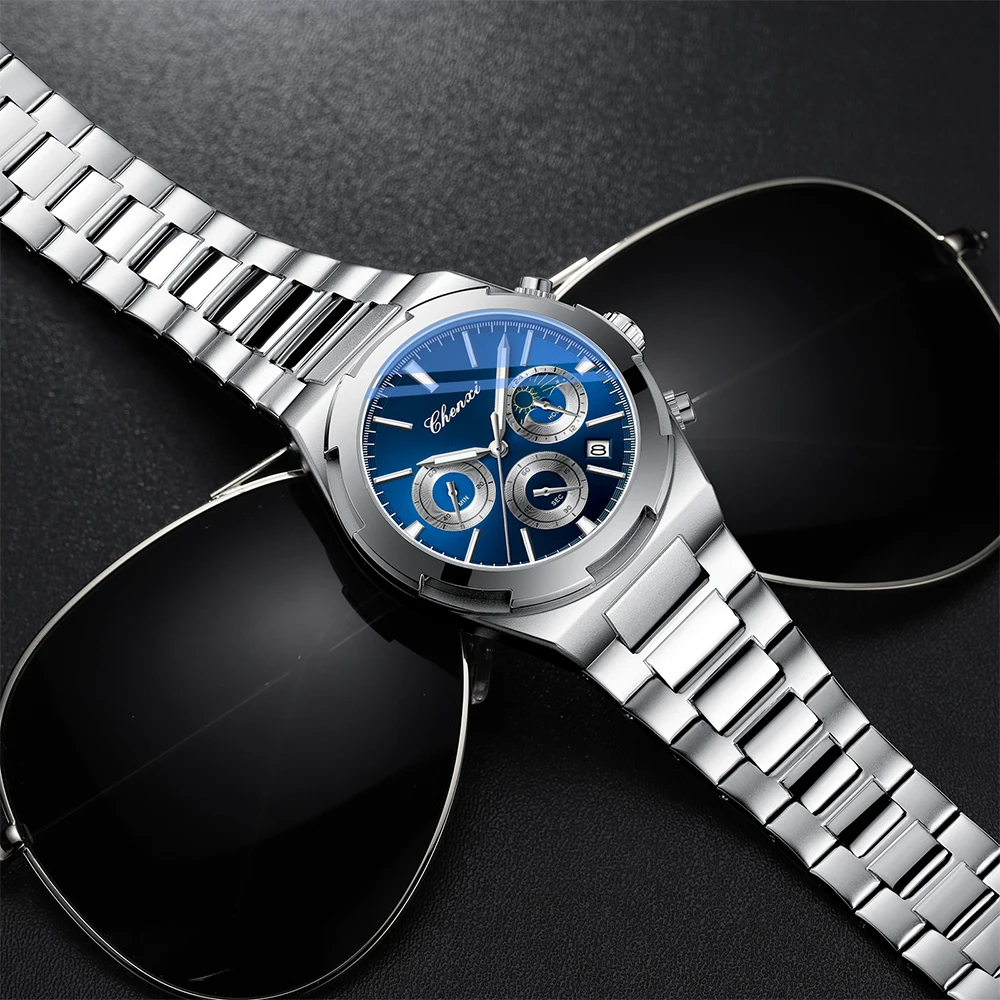 Relojes de negocios a la moda para hombre, reloj de pulsera con esfera redonda luminosa para hombre, reloj con pantalla de calendario, reloj de hombre con banda de acero inoxidable