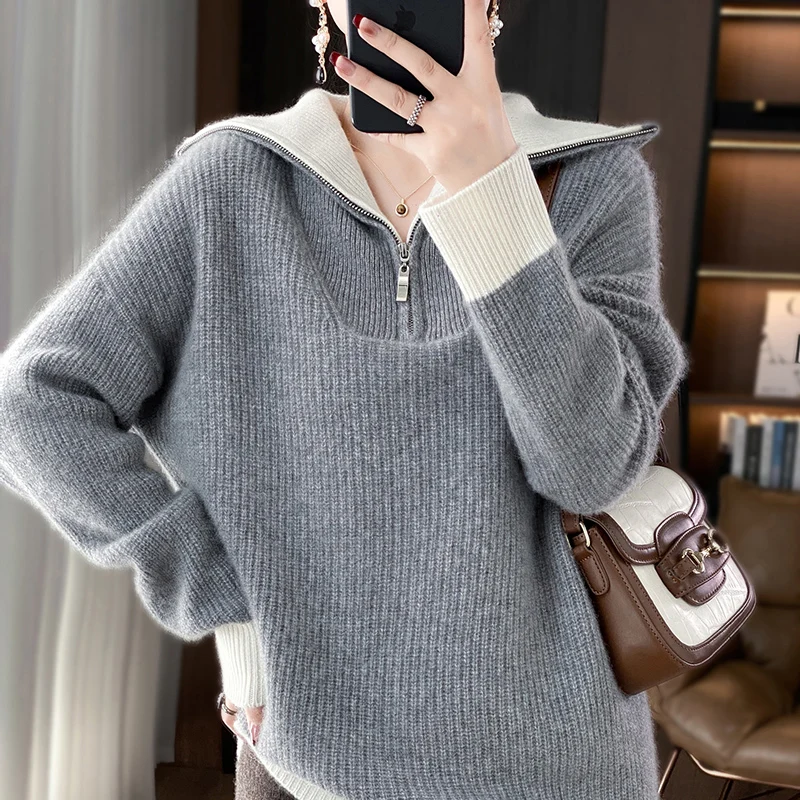 

Autumn Winter 100% Merino Wool Zip-up Large Lapel Long-sleeve Sweater Simple Elegant High-quality Casual Comfortable Women Coat