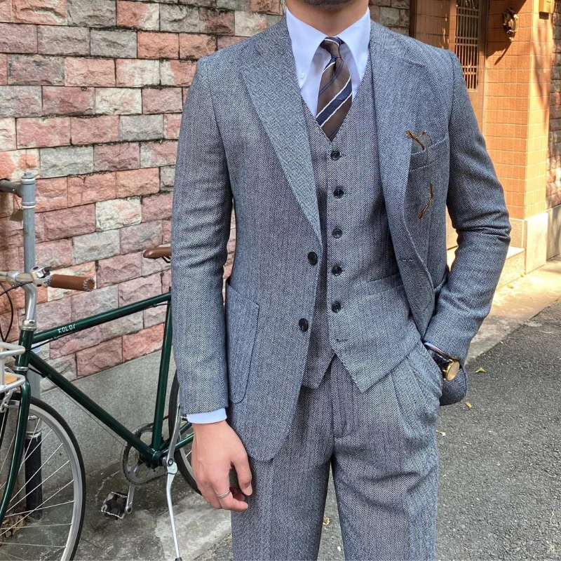 

Новый ретро облегающий мужской костюм с узором «елочка», мужской костюм-тройка, однобортный красивый осенне-зимний деловой повседневный деловой костюм