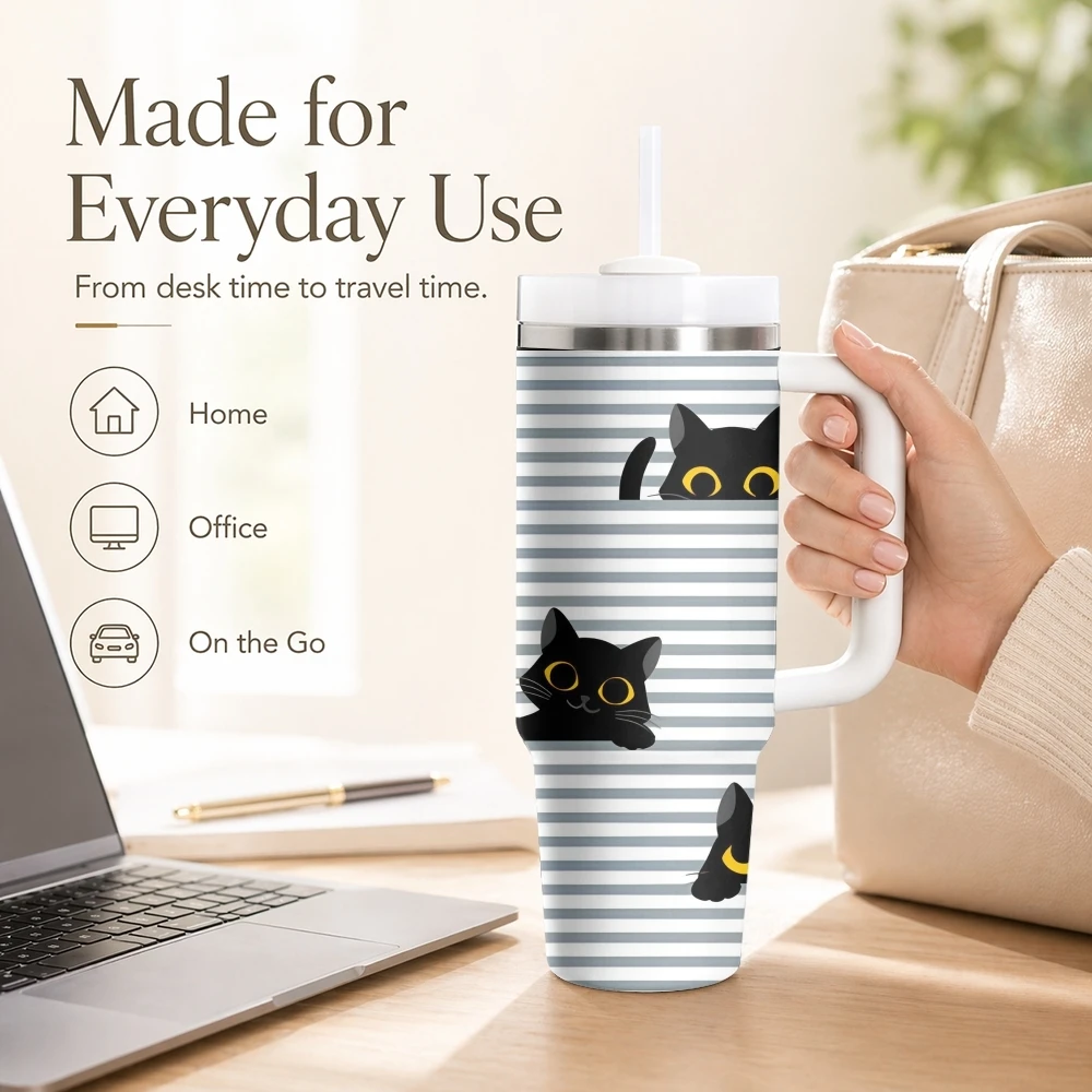 Cat Soft Kitty Vacuum Flasks 40oz Stainless Steel Insulated Tumbler with Handle Straw Leakproof Cup Daily Travel Mug