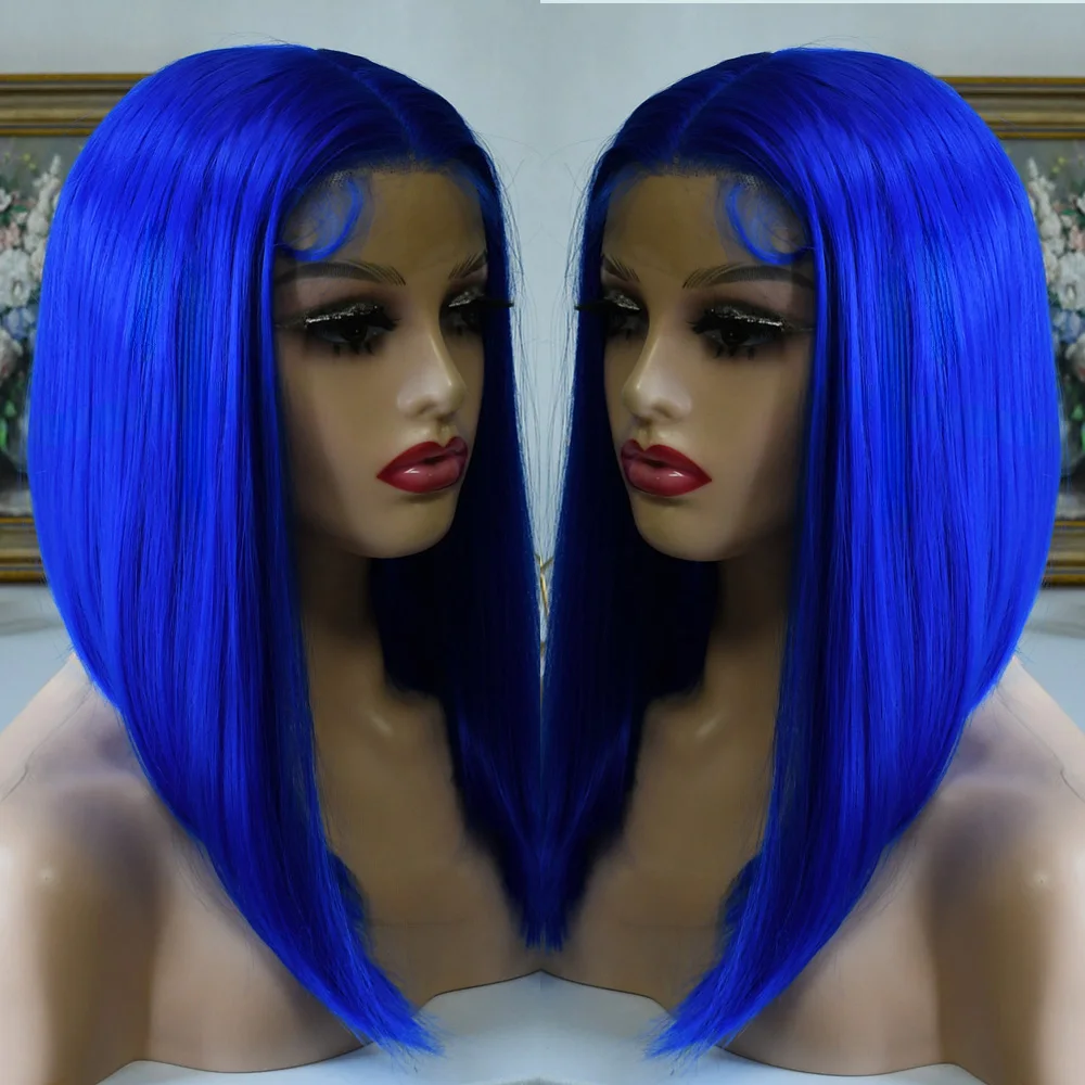 ブルーウィッグ レースフロントウィッグ 13x4 ショートレースフロントウィッグ ブルーボブウィッグ 生え際ナチュラル ベビーヘア付き 合成ウィッグ