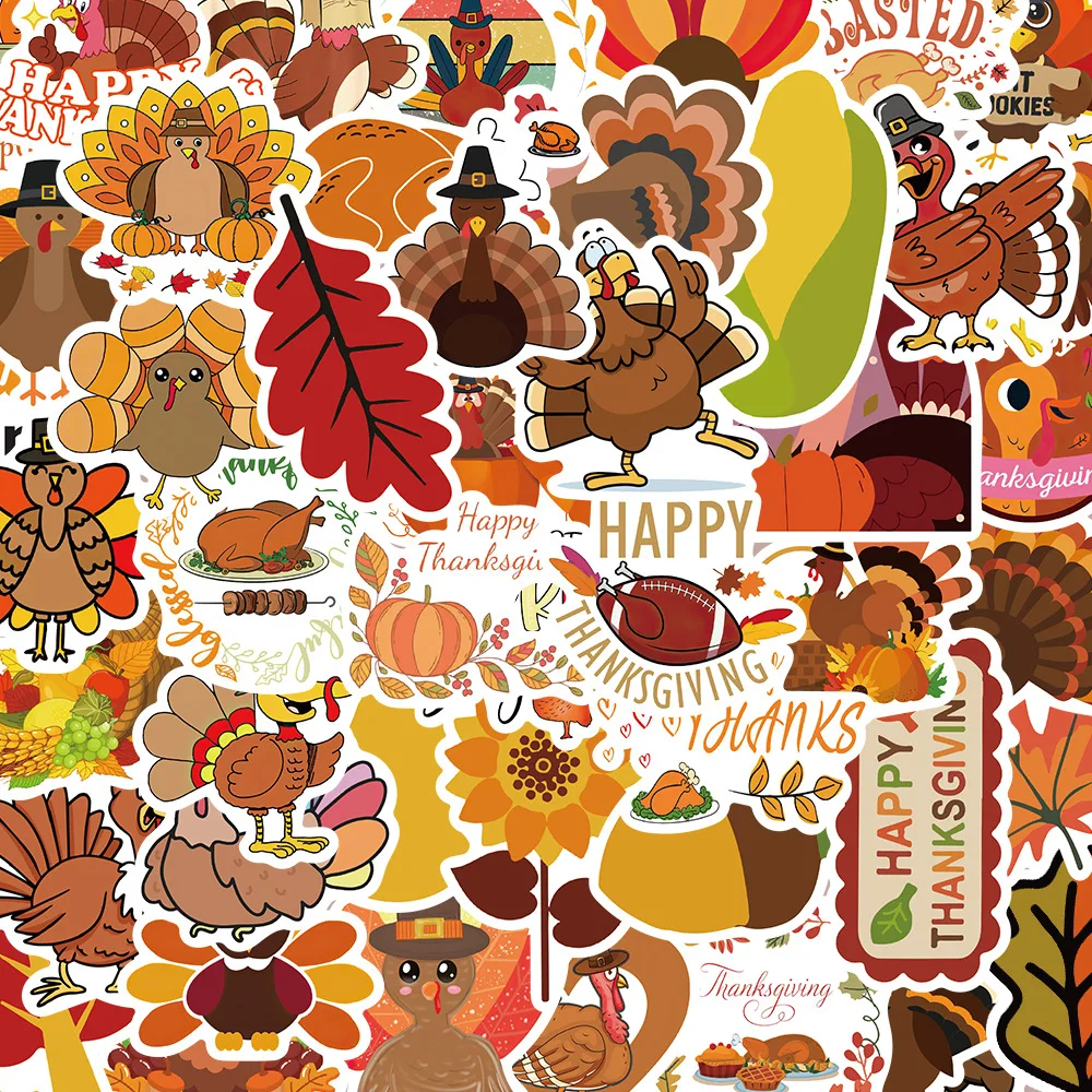 

50Pcs Thanksgiving Day Stickers Cartoon Turkey Sticker Maple Leaf Graffiti Decals DIY Luggage Laptop Phone Guitar