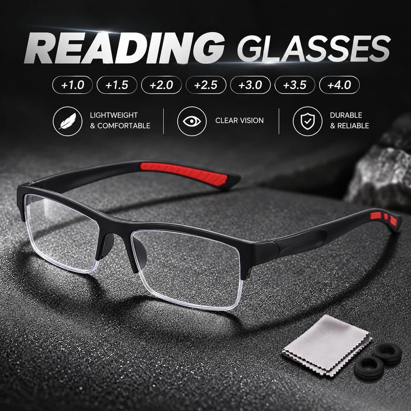1 Pair Minimalist Reading Glasses +1.0 to +4.0 for Home and Study with Cleaning Cloth and Anti-Slip Ear Hooks