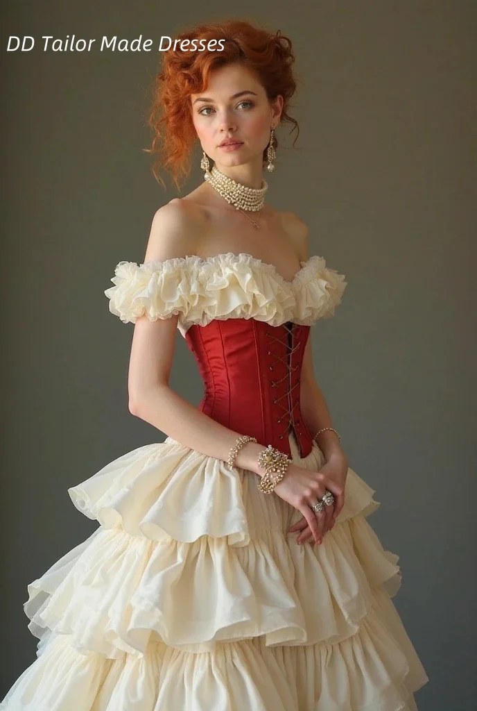 Viktorianisches Vintage-Hochzeitskleid mit Rüschen, schulterfrei, abgestuftes beige und rotes Korsett, Brautkleid, Schnürung, lange, individuelle Robe