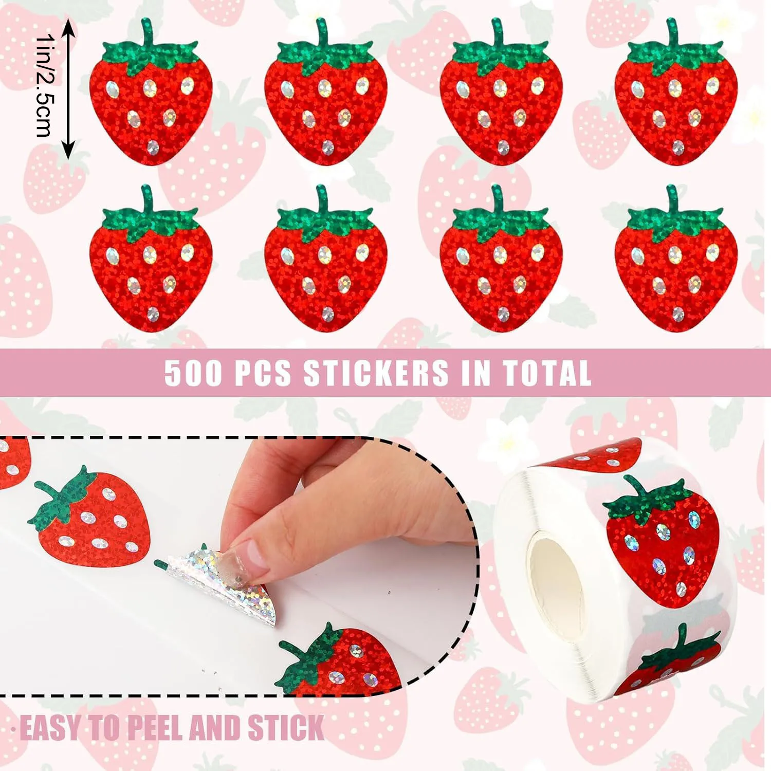 100-500pcs Laser Strawberry Waterproof Sticker Gift Box Decoration Sticky Label Stationery Scrapbooking Removable  2.5cm/1inch