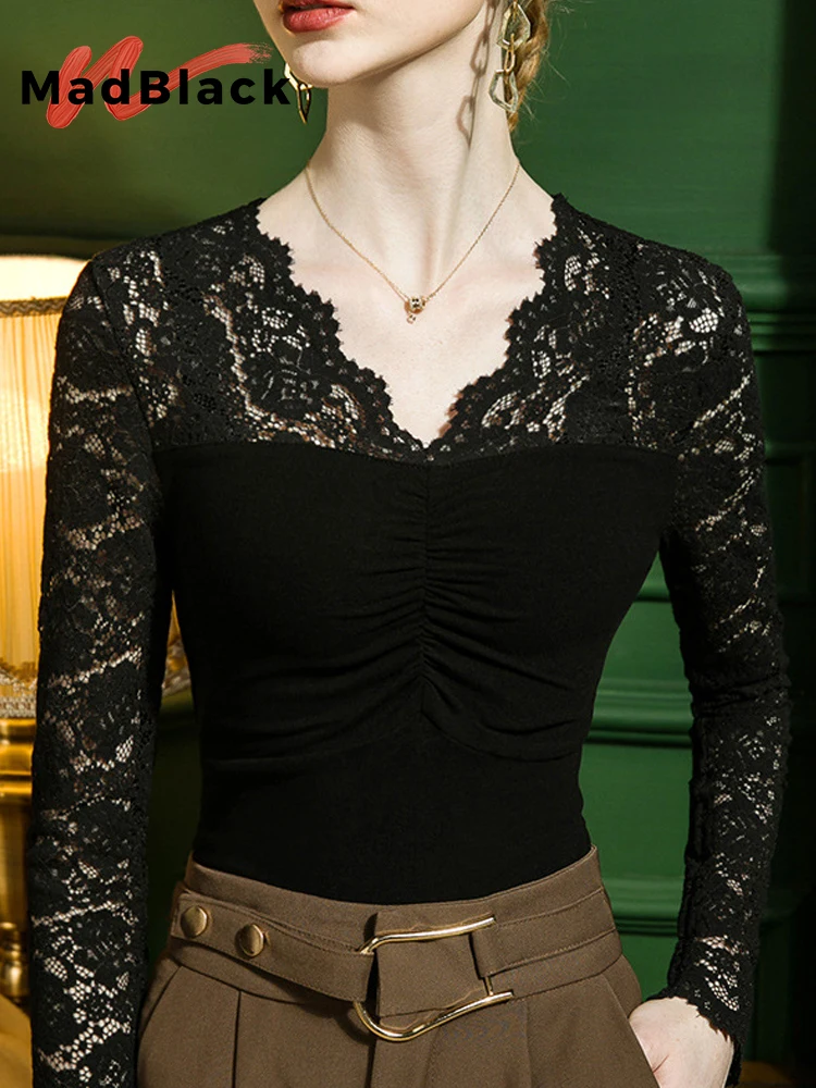 

MadBlack-Women European Brushed T-Shirt, Sexy V Neck Lace Patchwork, Streetwear Long Sleeve Slim S-3XL Tee, 2025 Winter T5D437CC