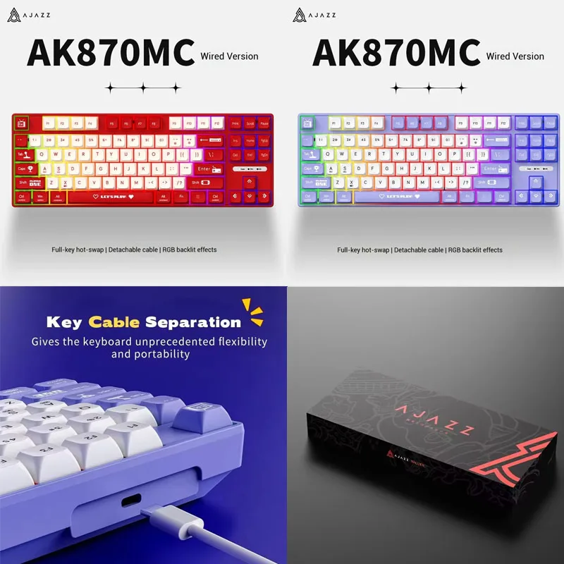 

Лидер продаж, проводная механическая клавиатура Ajazz Ak870mc, игровая маленькая клавиатура с возможностью горячей замены, чайная ось, красная ось, 87 клавиш, фиолетовая клавиатура