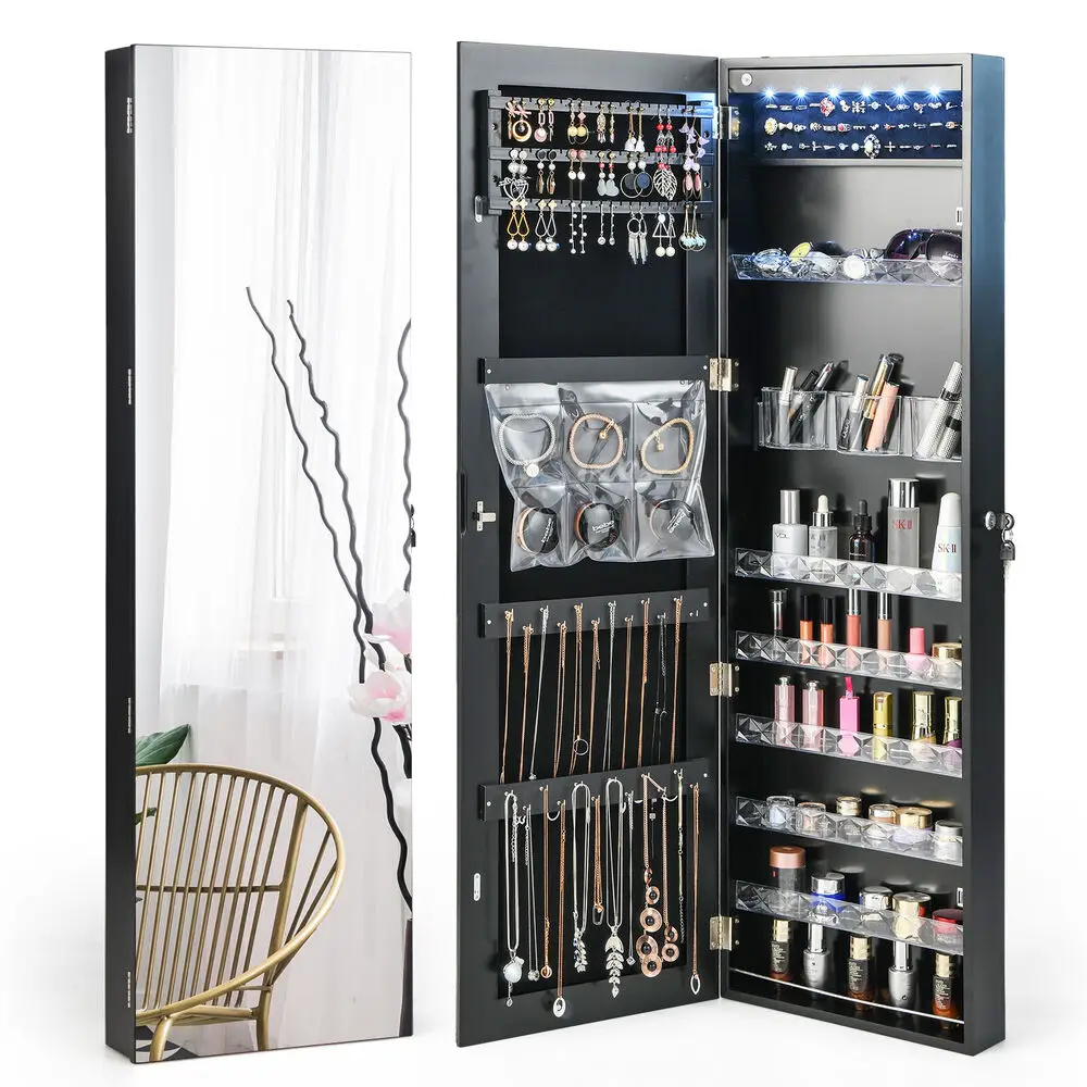 Costway Wall Door Mounted Jewelry Mirror Cabinet Full-length LED Armoire Organizer Black