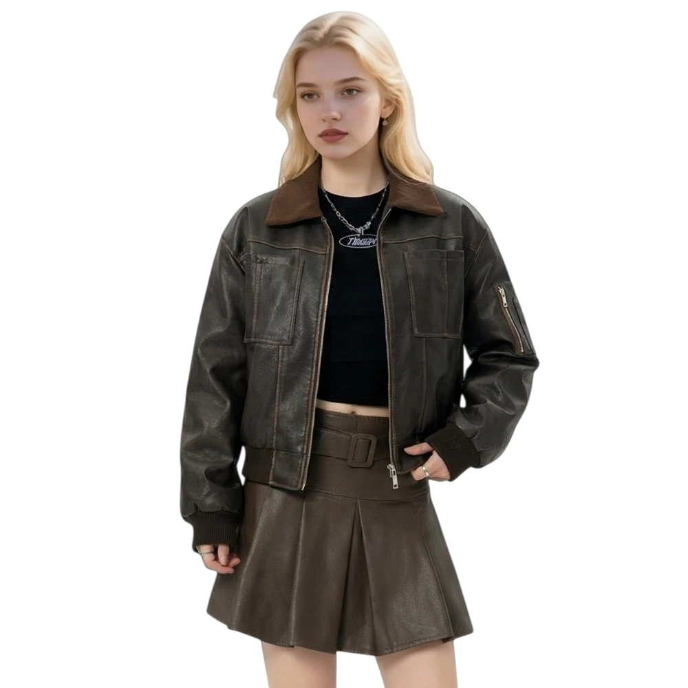 Jaqueta Feminina de Couro Luxuosa 2026 Primavera Premium PU Marrom Imitação de Pele de Carneiro para Mulheres Jaqueta Motoqueira Feminina Preta com Zíper