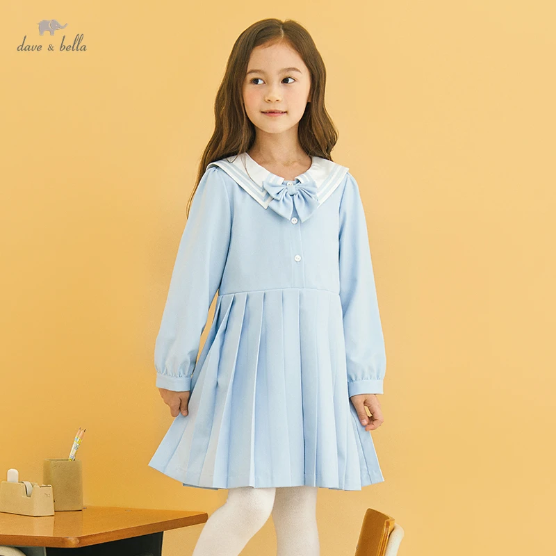 DK3222325 Dave Bella Autumn Girl\'s 5Y-13Y Fashion Solid  Draped Boutique Dress Children Sweet Dress Kids Infant Lolita Clothes