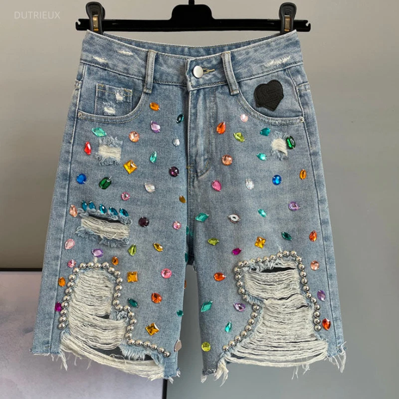 Streetwear Denim Shorts Women 2025 New Bottoms Diamond Hole Y2k Wide Leg Pants Casual Fashion Summer Pantalones Cortos De Mujer
