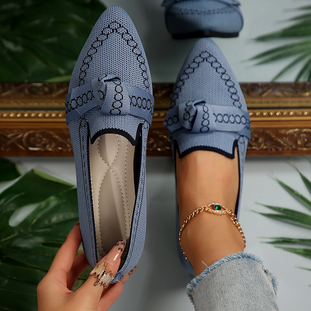 Women Flats 2025 New Knitted Slip Breathable Comfortable Solid Color Shoes Casual Pointed Toe Walking Loafers Sneakers Women