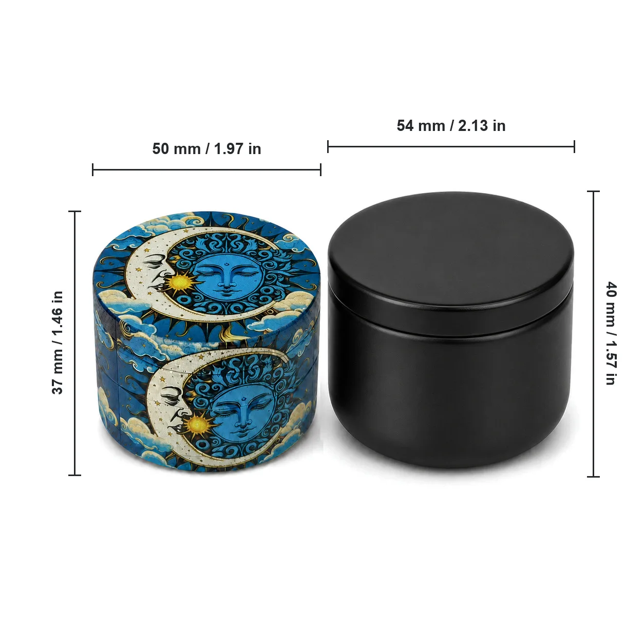 50mm Blue Sun and Moon Zinc Alloy Herb Grinder Four Layer Manual Tobacco Mill with Black Storage Jar Set Smoking Accessories