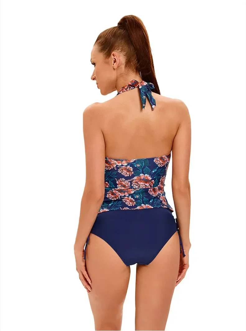مثير طباعة 2 قطعة Tankini 2025 المرأة الرياضة المحافظين ملابس السباحة عالية الخصر الدانتيل متابعة بيكيني الخامس الرقبة الرسن عارية الذراعين ملابس السباحة