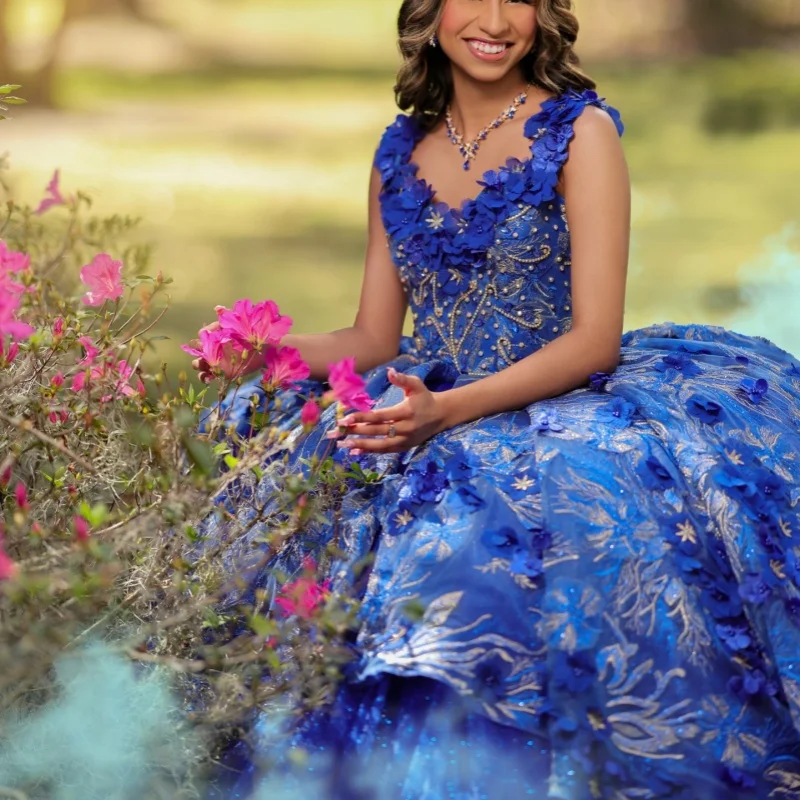 

Royal Blue Quinceanera Dresses Off the Shoulder Glitter Decal Crystal 3D Flower Long tail Bow Vestido De 15 Quinceanera Customiz