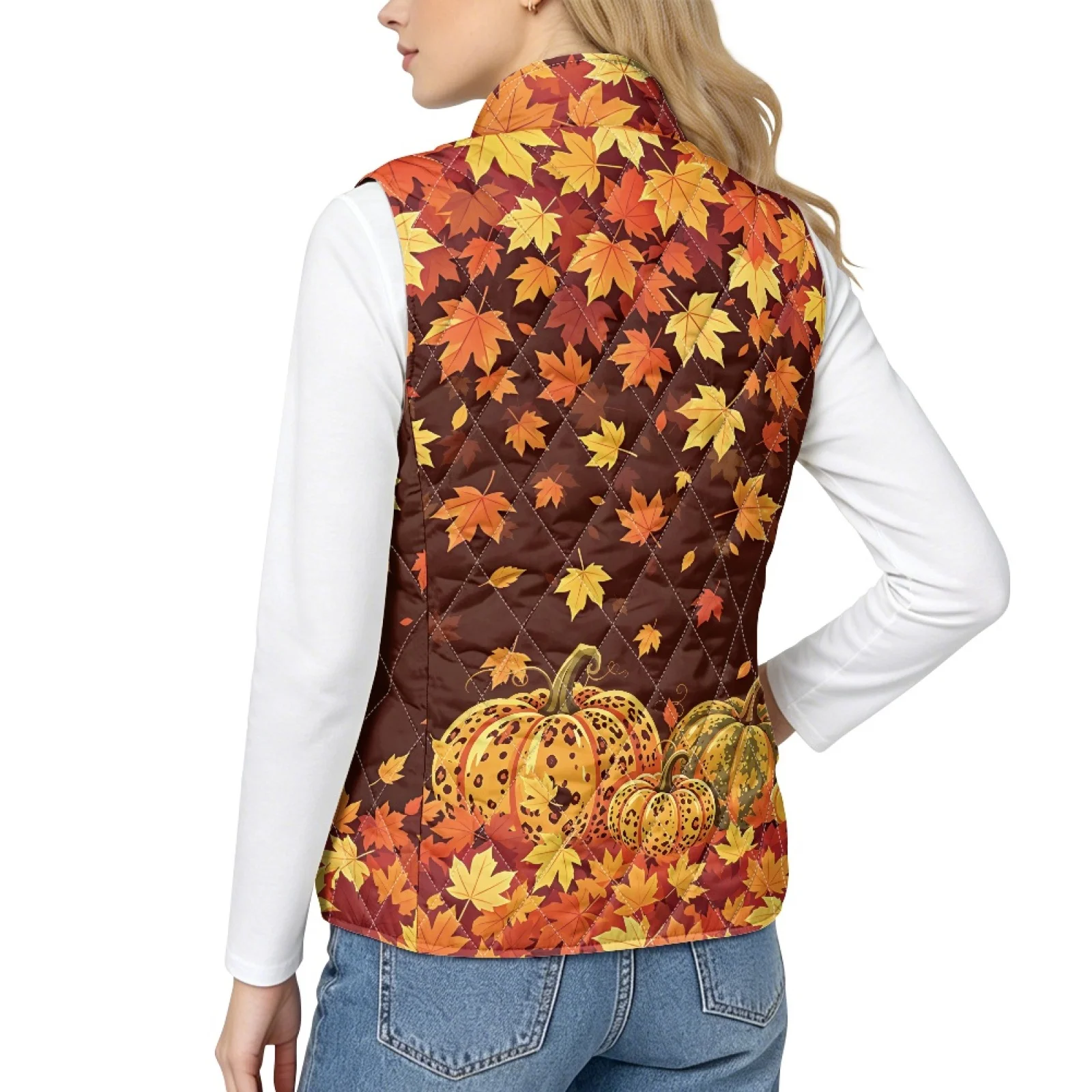 PENSTROLL Maple Leaf Pumpkin plus Size Quilted Vest 2Xl with Pockets Women's Quilted Vest Women's Quilted Puffer Vest