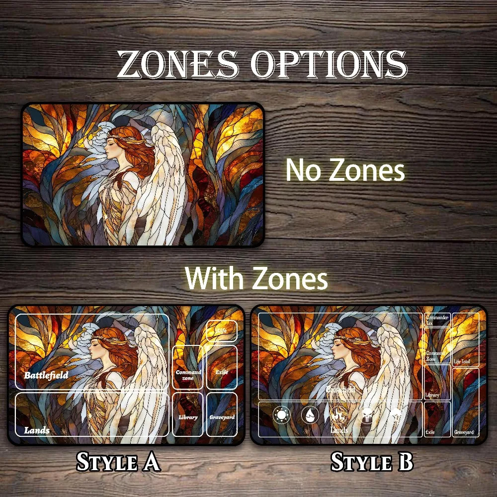 MTG Playmat, Stained Glass Angel Custom Play Mat, TCG Playmat with Zones alfombrillas para escritorio desk accessories