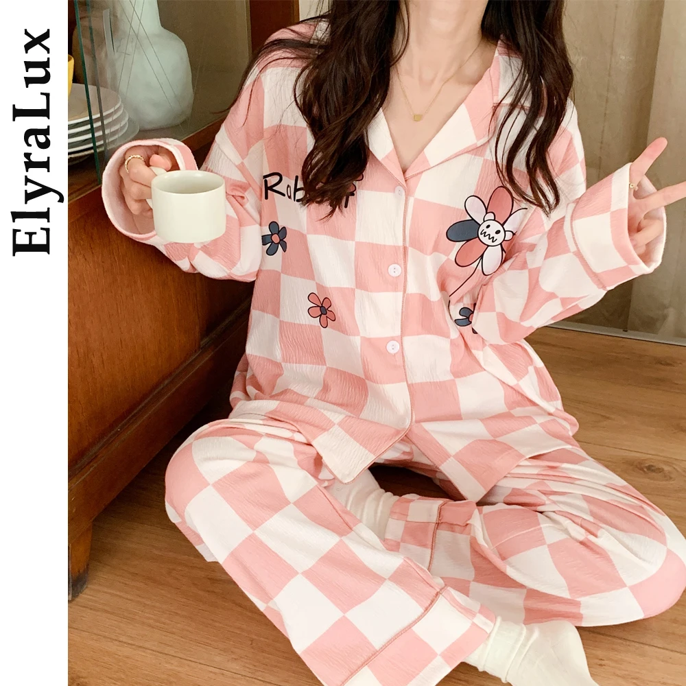 

ElyraLux женский хлопковый пижамный комплект с розовым клетчатым цветочным принтом, мягкая домашняя одежда для уютных расслабляющих ночей, кардиган с откидным воротником