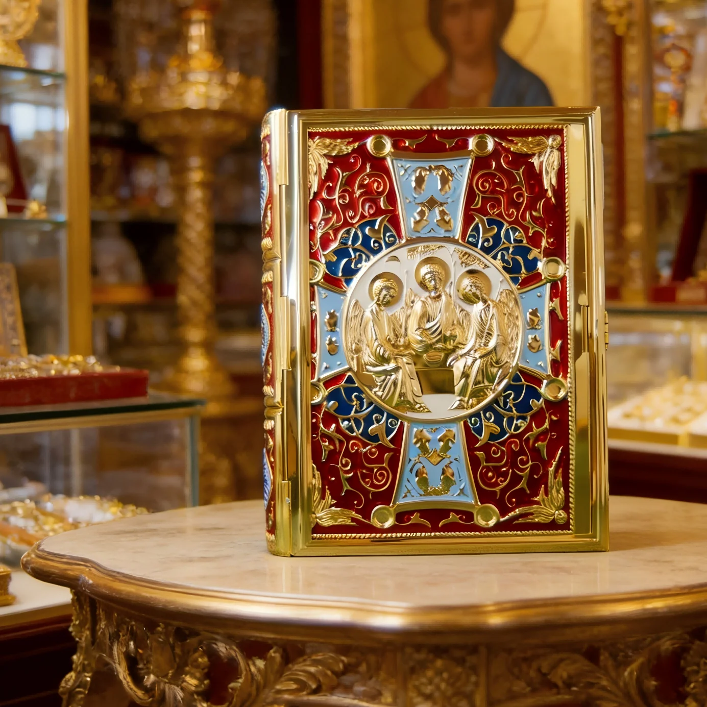 Vergoldeter Umschlag für das Evangelium der Orthodoxen Kirche mit emailliertem Kreuz für die Liturgie, den Heimaltar, Gebete, Andacht, christliches Geschenk, Dekorationsgeschenk – Detail 2
