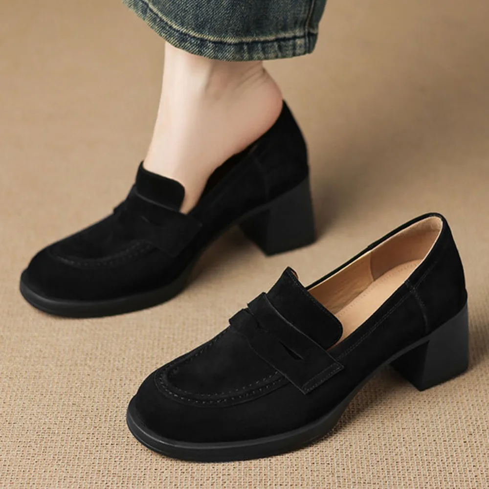 Round Head Shoes Women's Round Head Commuting Thick High Heels Single Shoes Women's Single Pedal Small Leather Shoes Soft Sole