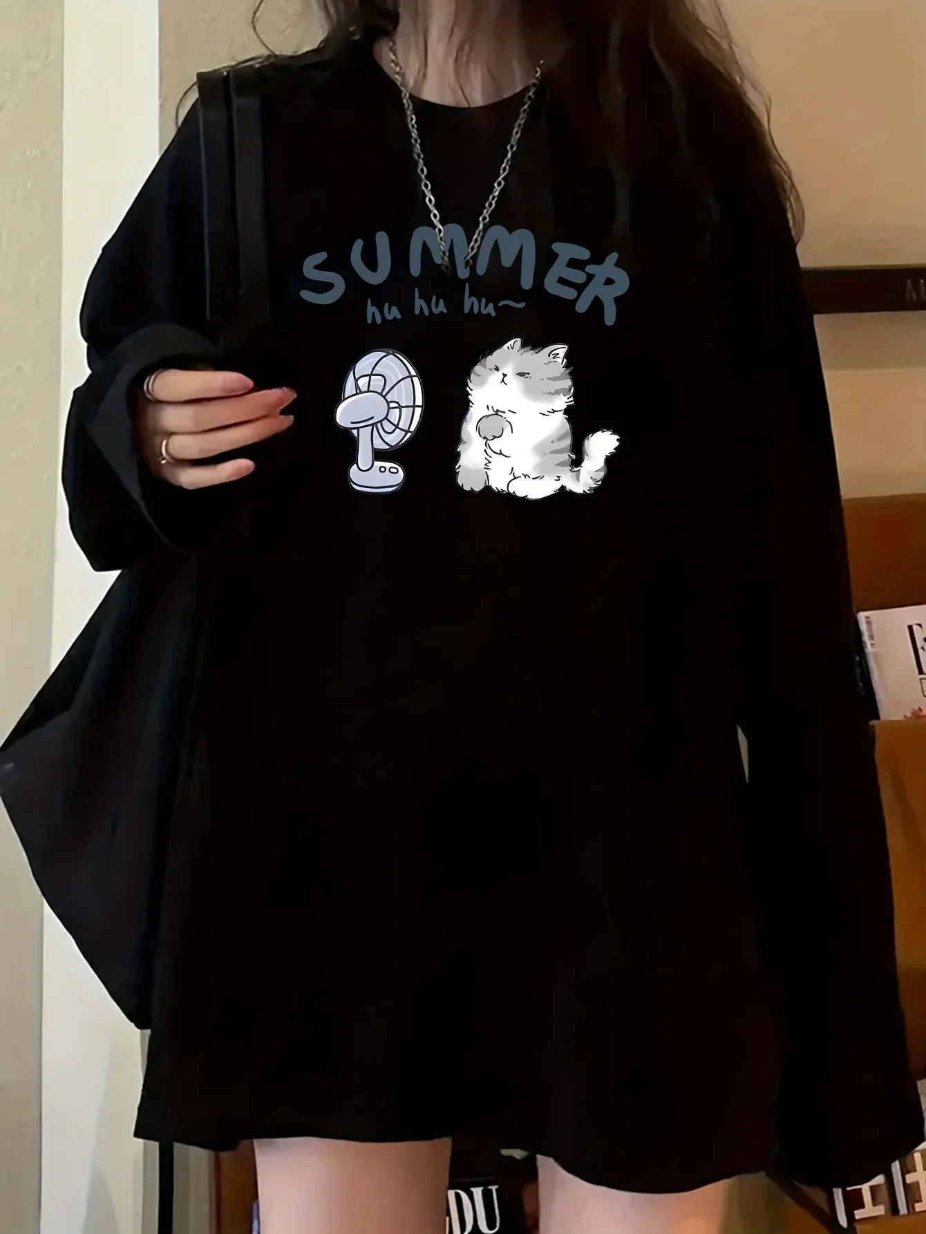 Funny Casual Cute Cat Print 100% Cotton Long Sleeve T-Shirt for Women Loose Fit Aesthetic Kawaii Clothes Graphic T Shirts