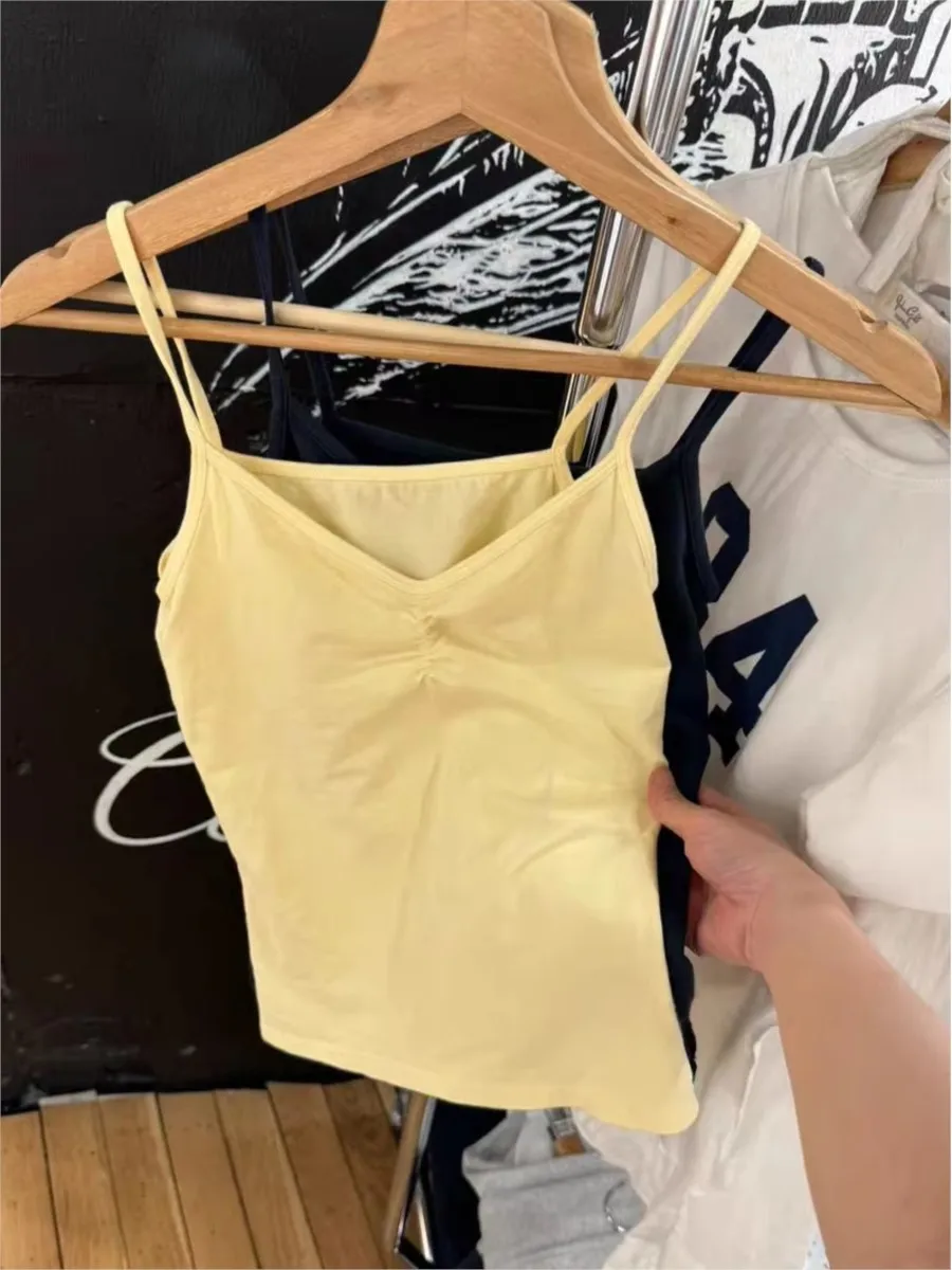 Pieghe gialle Con scollo a V Fiocco Canotte nere Donna Estate All-match Cotone senza maniche Canotta sottile Vintage Dolce e carino Crop Top Y2K